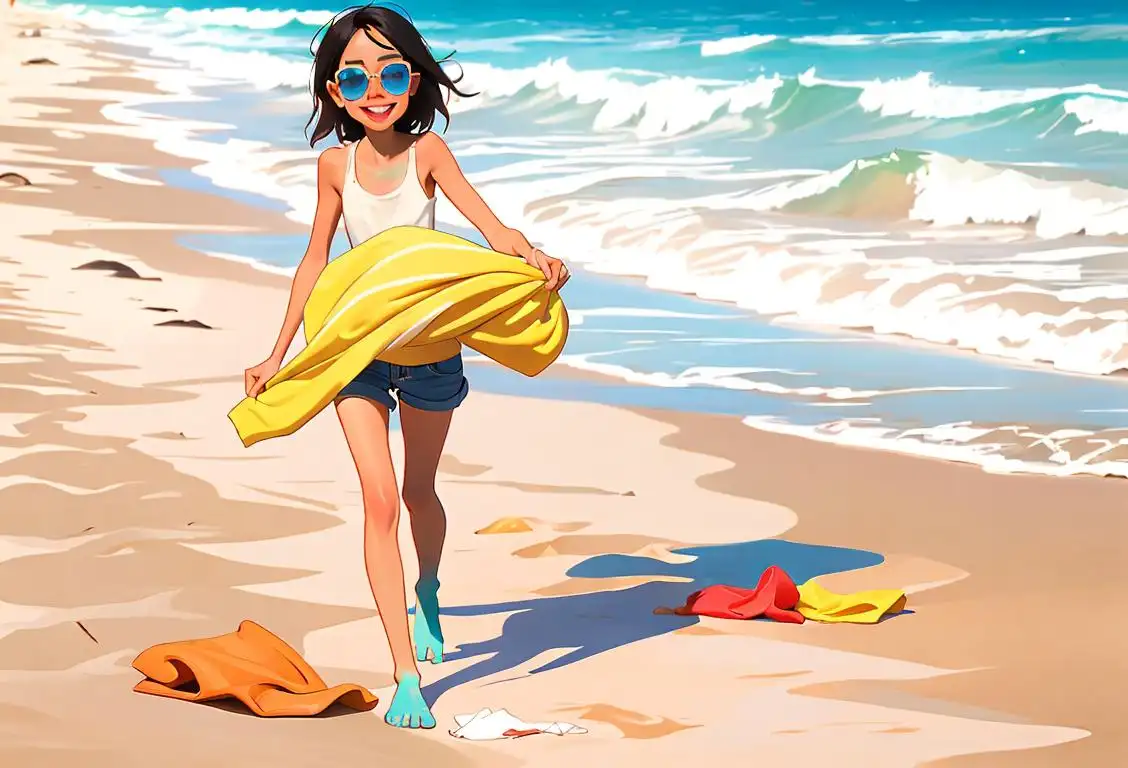 A person joyfully walking barefoot on a sandy beach, with a colorful beach towel and sunglasses, capturing the carefree spirit of National No Socks Day..