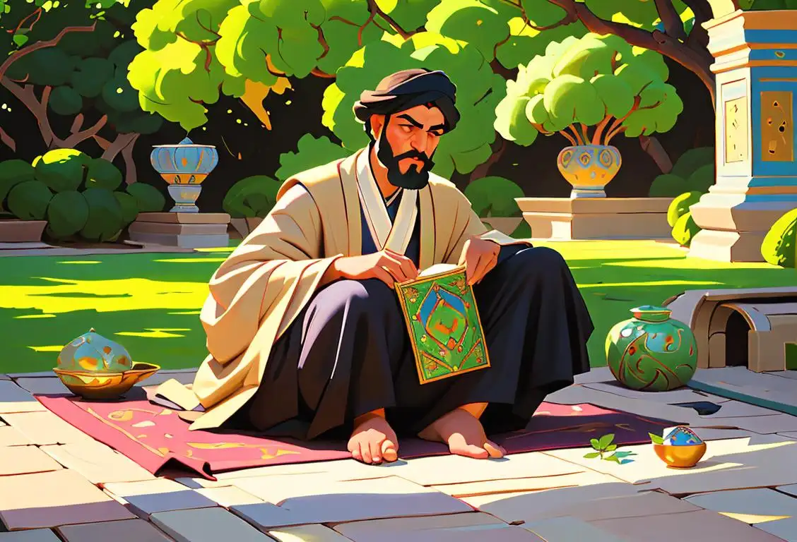 Painting of Ferdowsi, a renowned Persian poet, in traditional Persian clothing surrounded by lush Persian gardens..