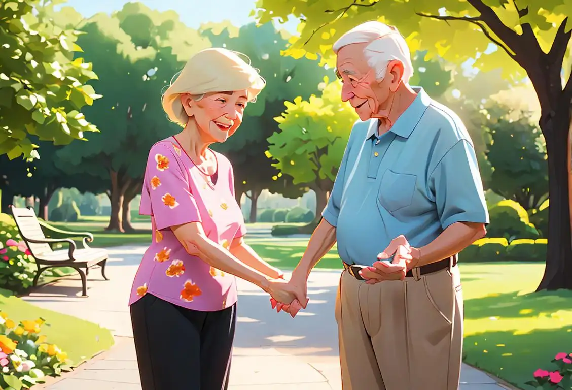 Young person holding hands with elderly person, flowers in background, summer clothes, park setting..