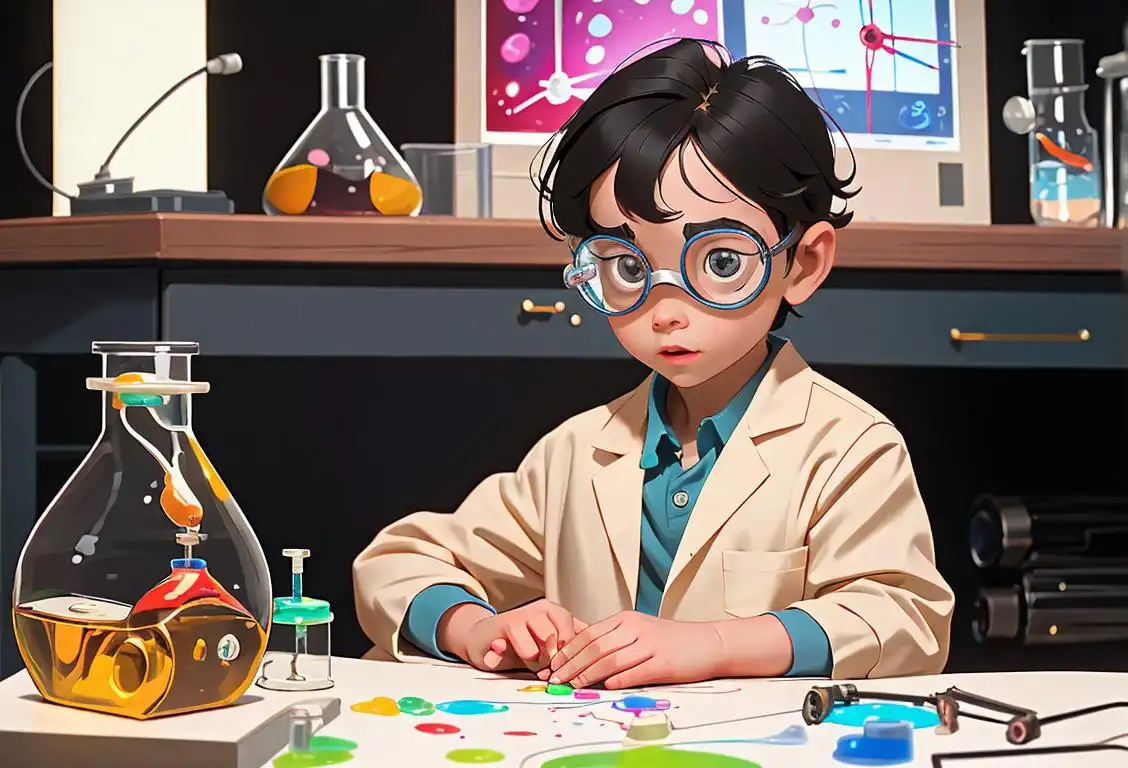 A curious child wearing a lab coat and safety goggles, surrounded by colorful scientific equipment and engaging in hands-on experiments..