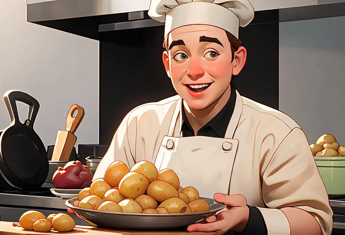 A joyful person holding a plate full of various potato dishes, wearing a chef hat, in a cozy kitchen..