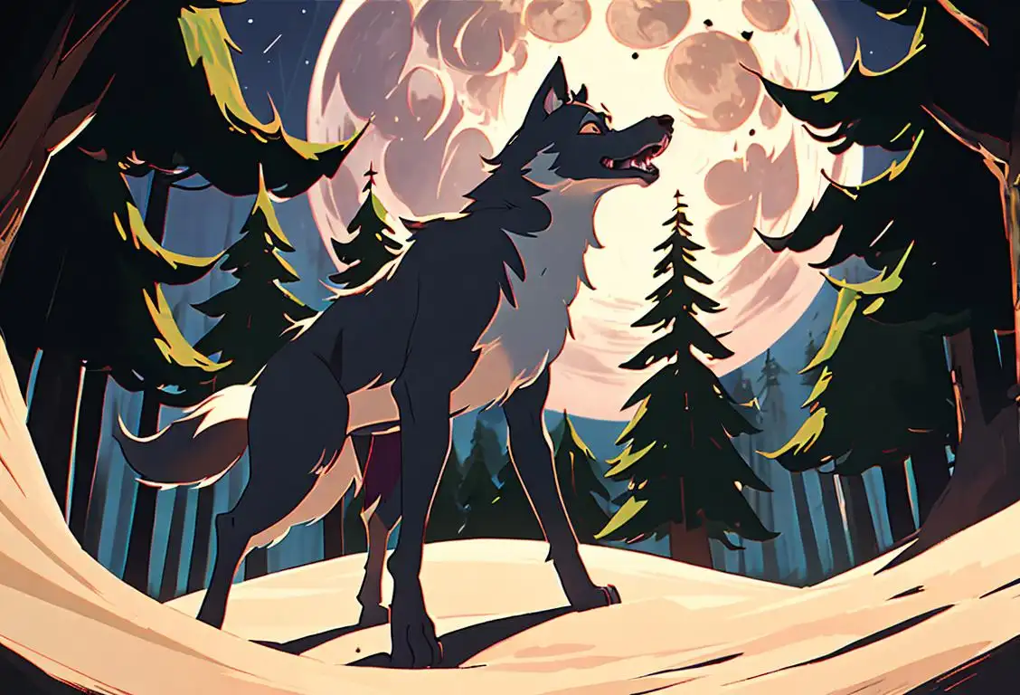 A whimsical illustration of a person with wolf ears and tail, surrounded by a mystical forest and full moon, wearing a vintage-style flannel shirt..