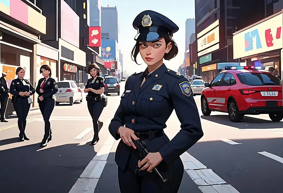 An image of a confident police woman in uniform, standing in a bustling city scene with a diverse community around her..
