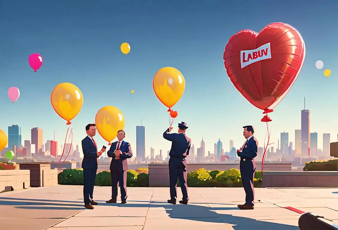 A group of diverse hardworking individuals wearing different work uniforms, standing in front of a city skyline, with colorful balloons in the background..