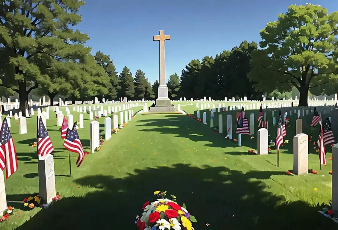 A peaceful scene with flowers and American flags, a family sharing a moment of remembrance, wearing somber, respectful attire at a National Cemetery Memorial Day service..