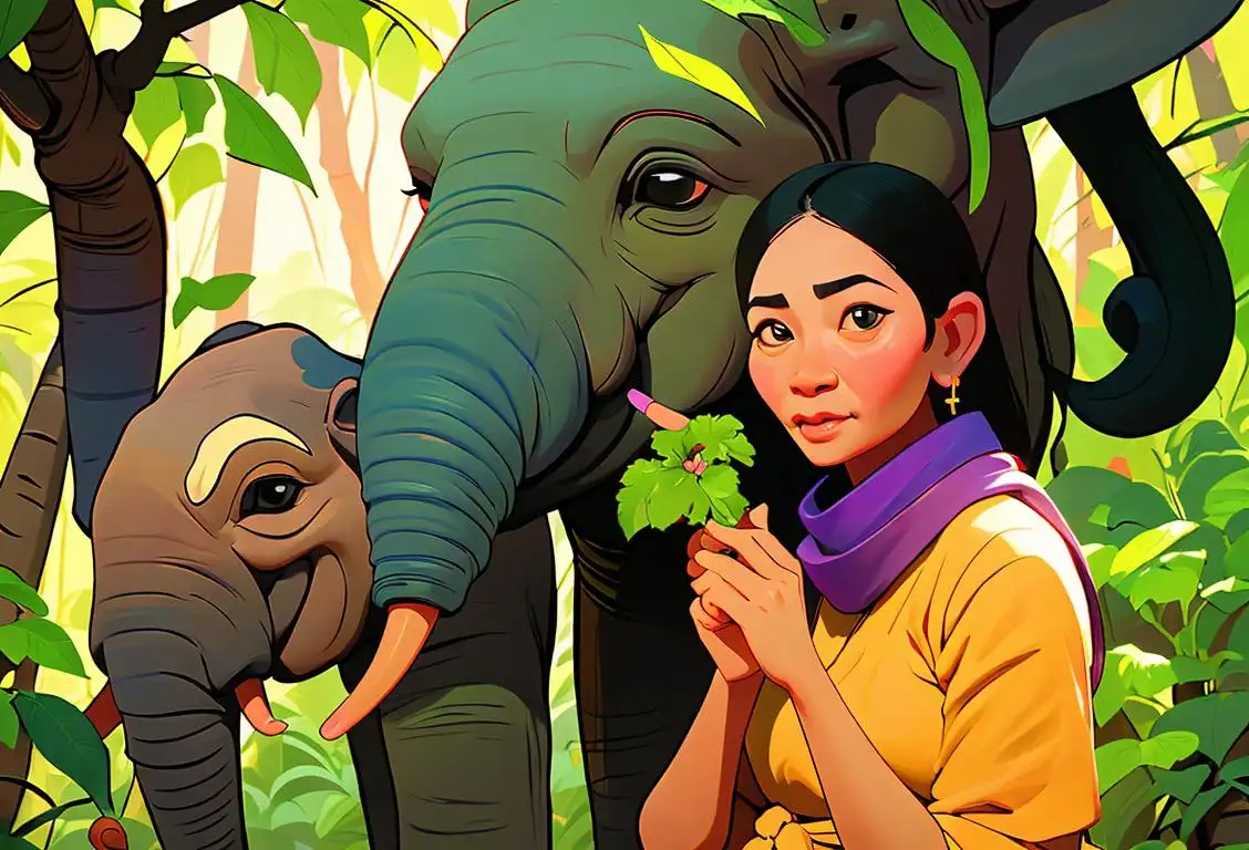 Thai woman feeding a majestic Thai elephant with a colorful traditional Thai scarf, in a lush green forest setting..