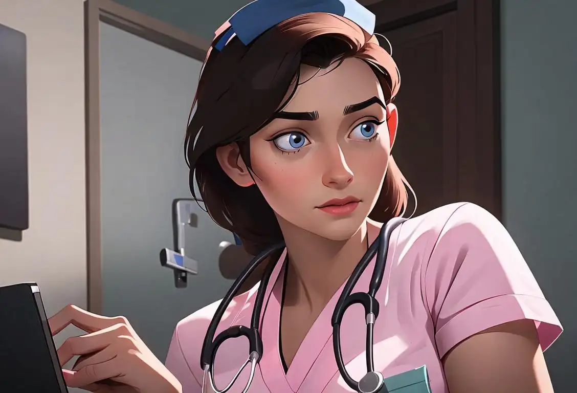 Young nurse wearing scrubs, a stethoscope around her neck, helping a patient in a hospital setting..