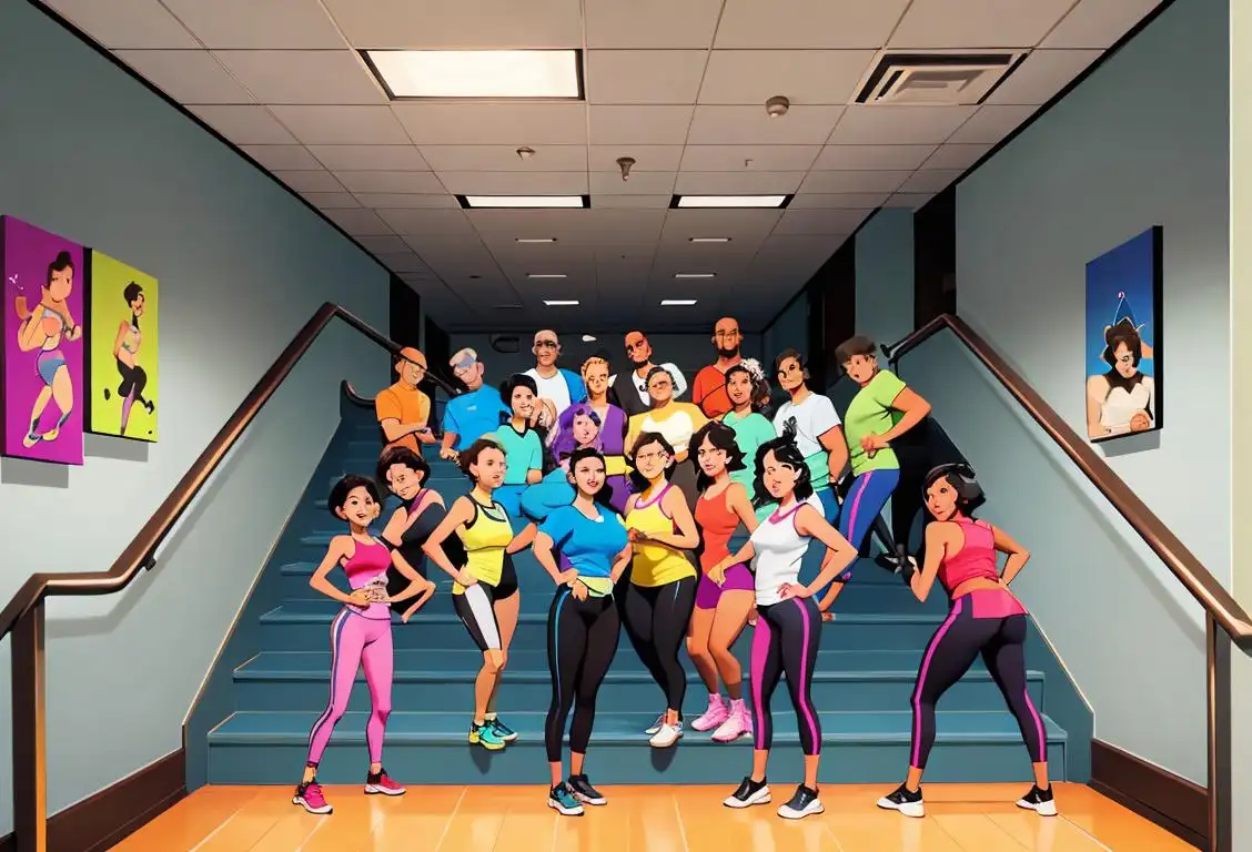 A group of diverse people taking the stairs together, with a mix of colorful workout clothing and various ages and body types, in a modern office building..
