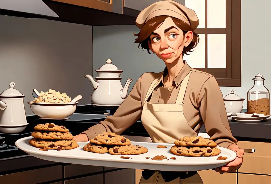 Baker holding tray of oatmeal cookies, wearing a chef's hat, in a cozy kitchen setting..