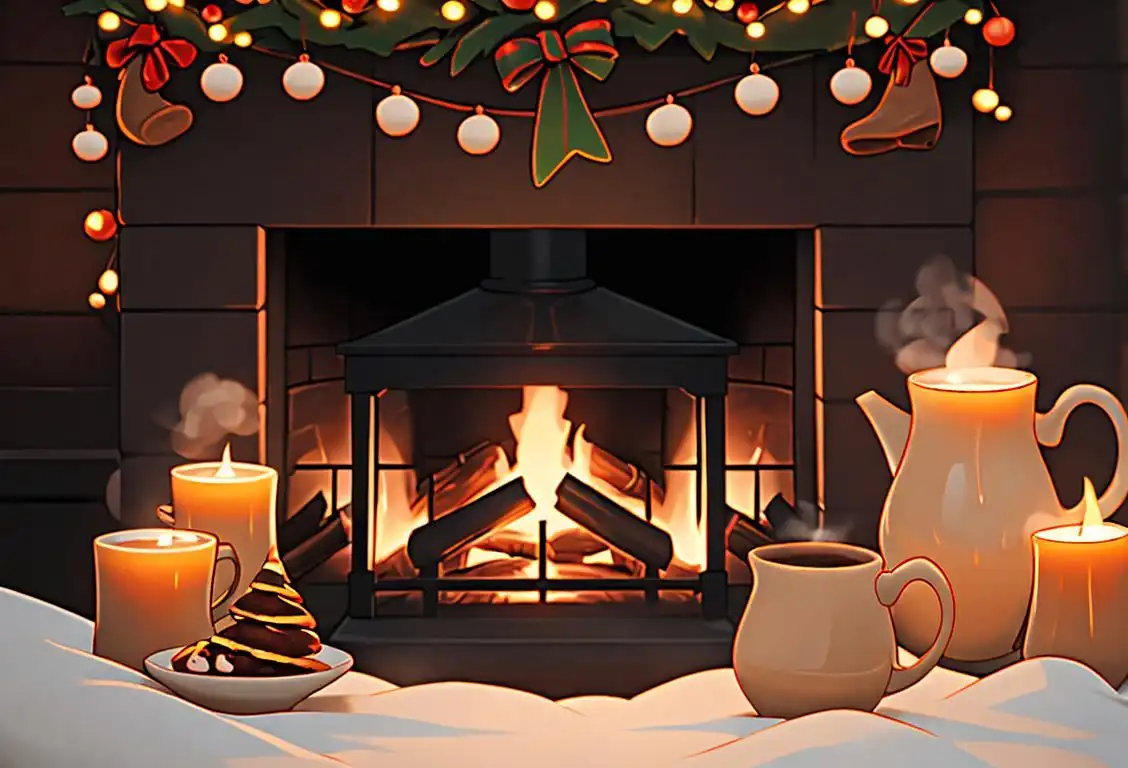 A cozy winter scene with a steaming mug of hot buttered rum, surrounded by festive holiday decorations and a crackling fireplace..