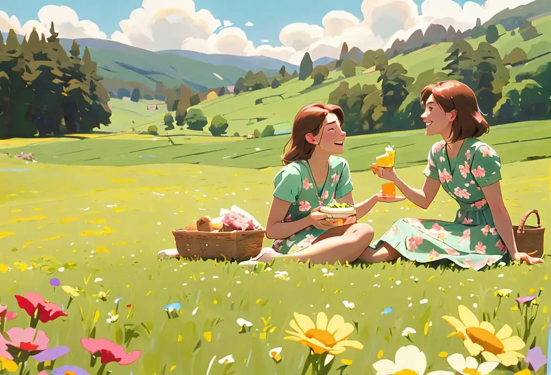 Happy people in a meadow, wearing floral prints, enjoying a picnic, with a sunny, idyllic countryside backdrop..