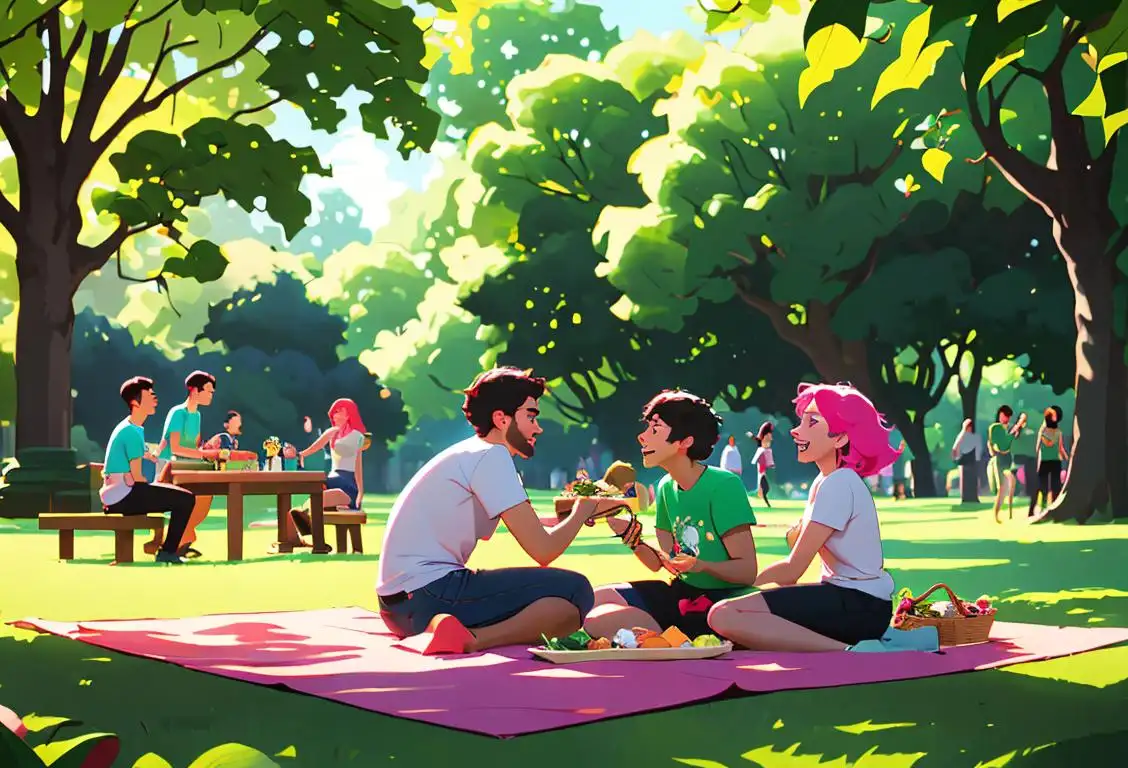 A group of diverse friends, each wearing their favorite band t-shirts, enjoying a picnic in a park, surrounded by lush greenery and vibrant music-themed decorations..