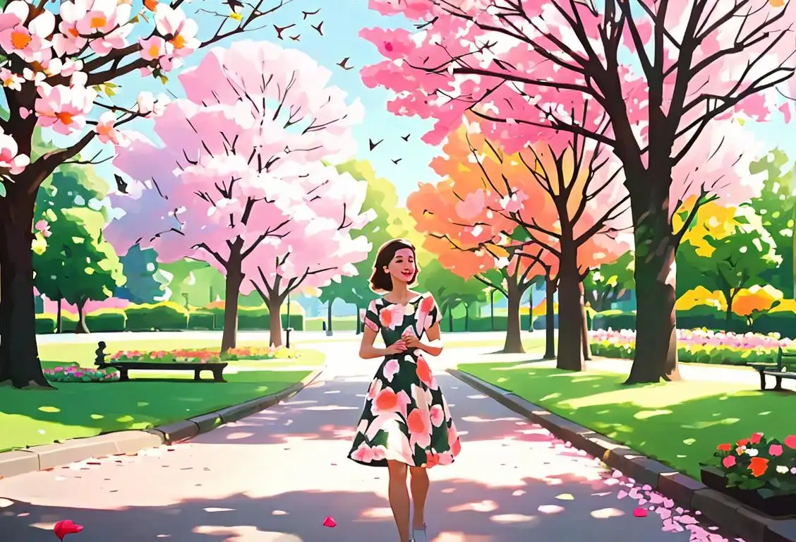 Young woman named Patricia walking in a park, wearing a floral dress, surrounded by blooming flowers and birds singing happily..