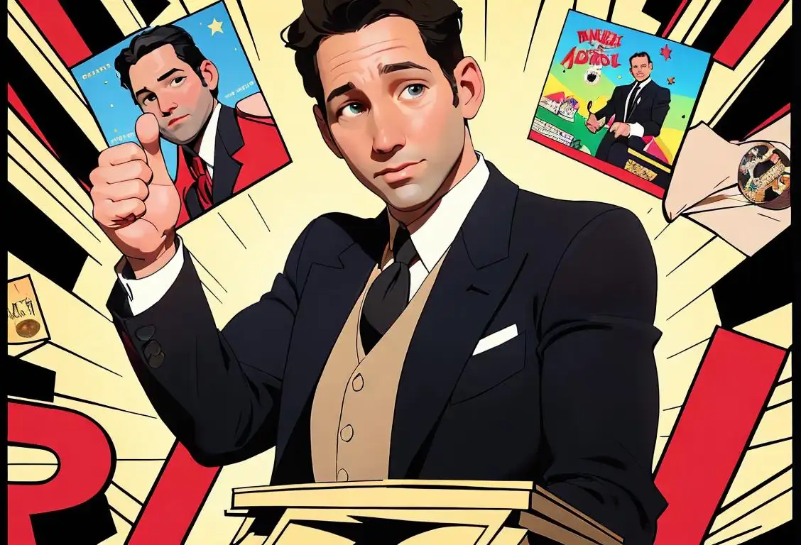 Paul Rudd wearing a dapper suit, giving a thumbs up, surrounded by movie posters and Hollywood glamour..