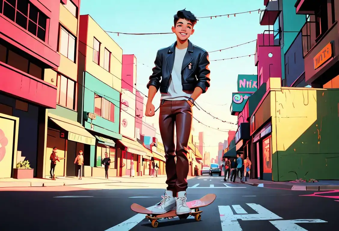 Happy young man named Nick Medina, wearing a cool leather jacket, skateboarding in a vibrant urban cityscape.