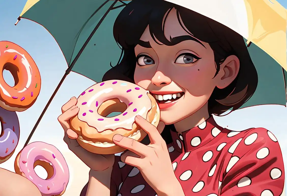 Delighted person biting into a jelly-filled donut, wearing a vintage polka dot dress, sunny park background..