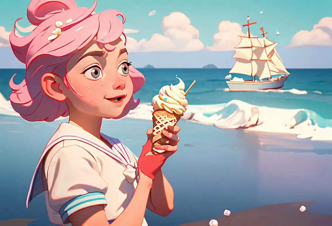 A joyful child holding an ice cream cone with a pearl on top, seaside scenery in the background, wearing a Sailor outfit, nautical vibes..