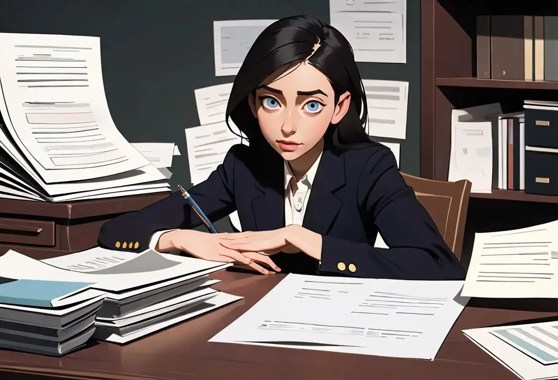 Young woman sitting at a desk, wearing a professional outfit, surrounded by paperwork and a stack of official documents..