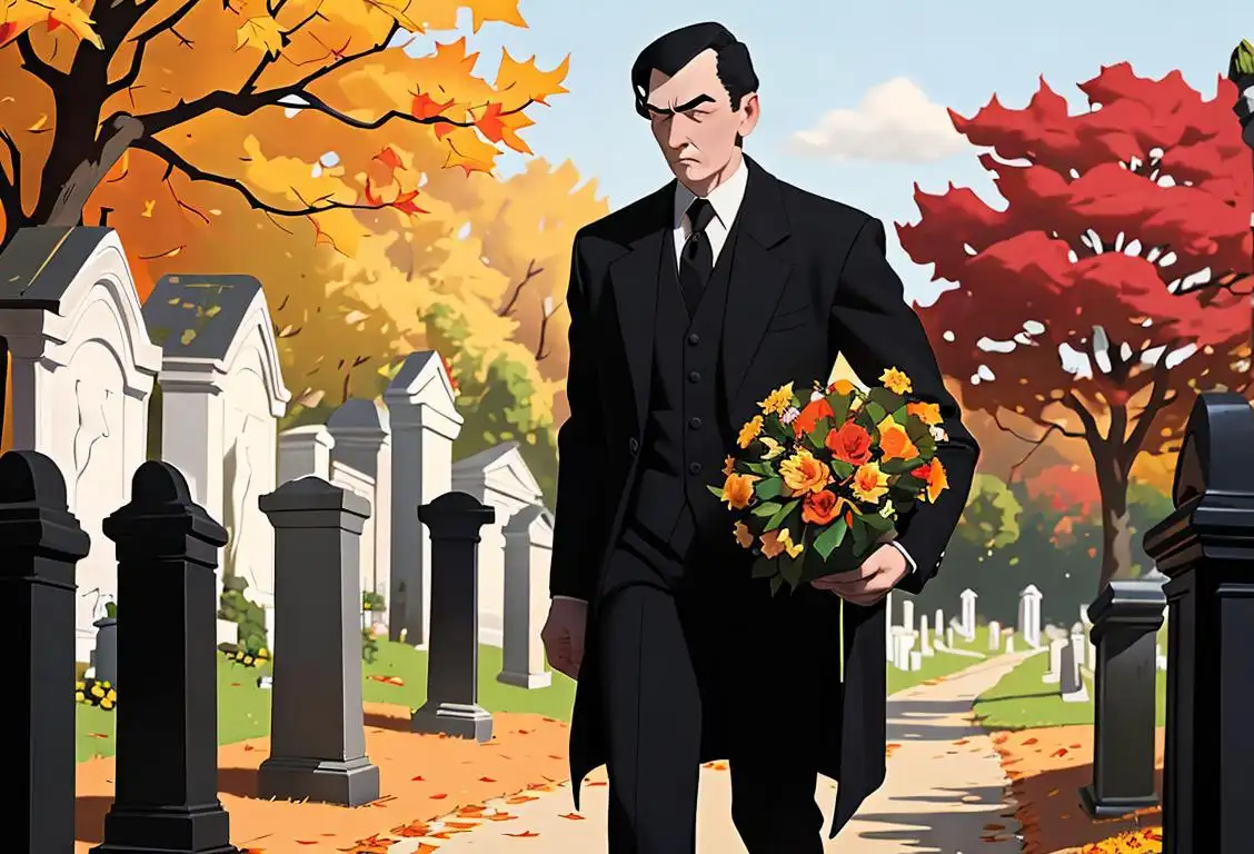 A compassionate funeral director in a classic black suit carrying a bouquet of flowers, standing in a serene cemetery surrounded by autumn leaves..