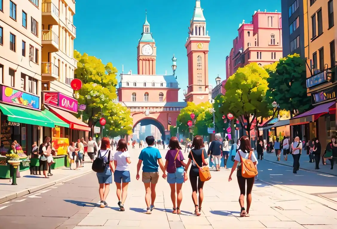 A group of friends taking a guided walking tour in a bustling city, wearing colorful tourist clothing, surrounded by iconic landmarks..