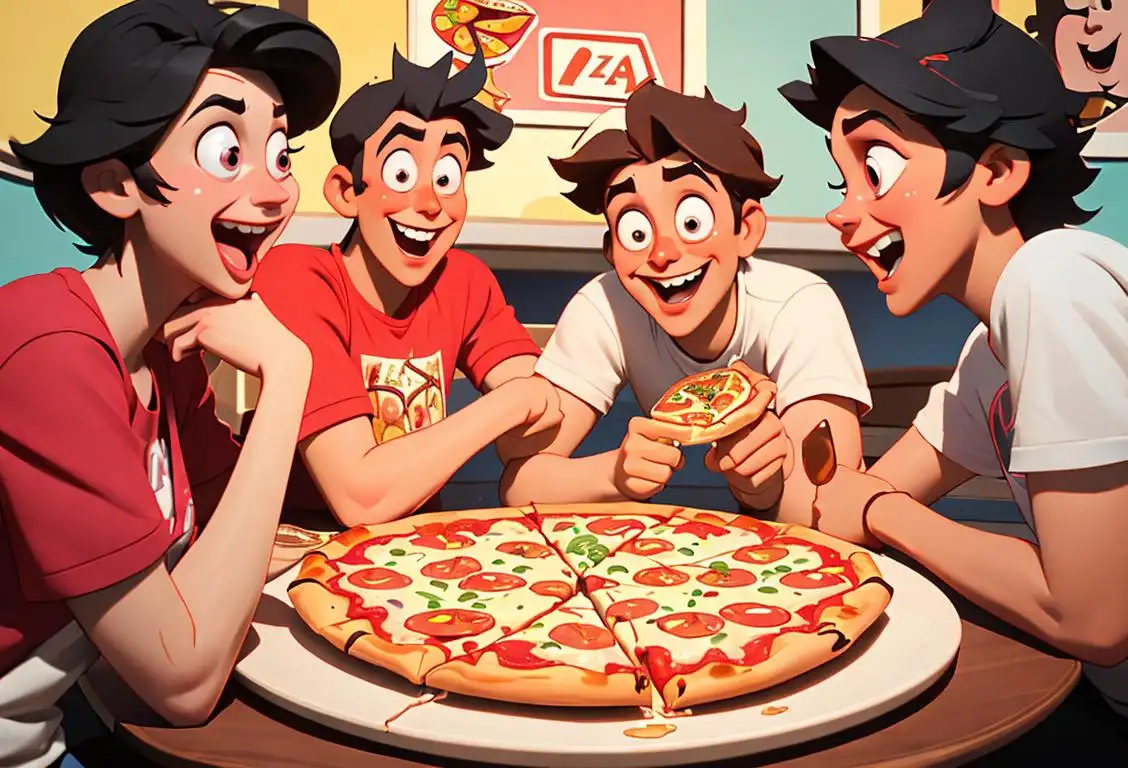 A group of friends gathered around a table, each holding a slice of pizza with different toppings, laughing and enjoying a slice of life on National Pizza Pizza Day..
