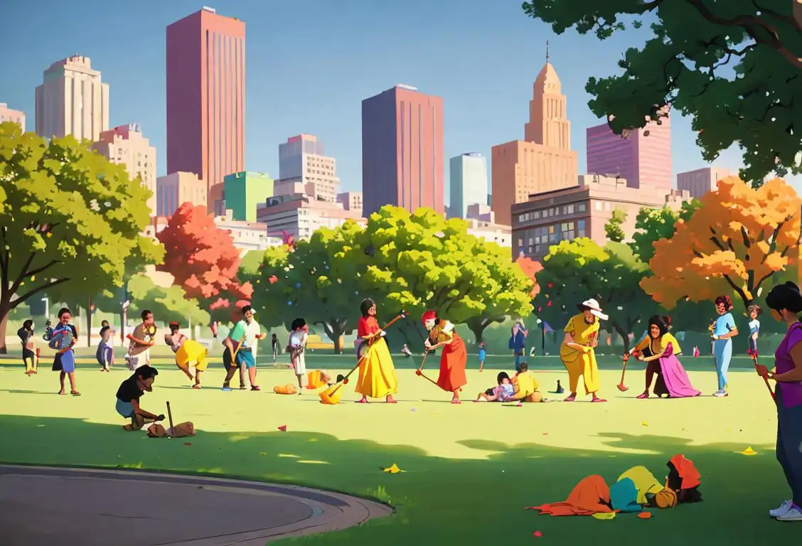 A diverse group of people in colorful attire engaging in community service activities in a park, with a backdrop of city skyline..