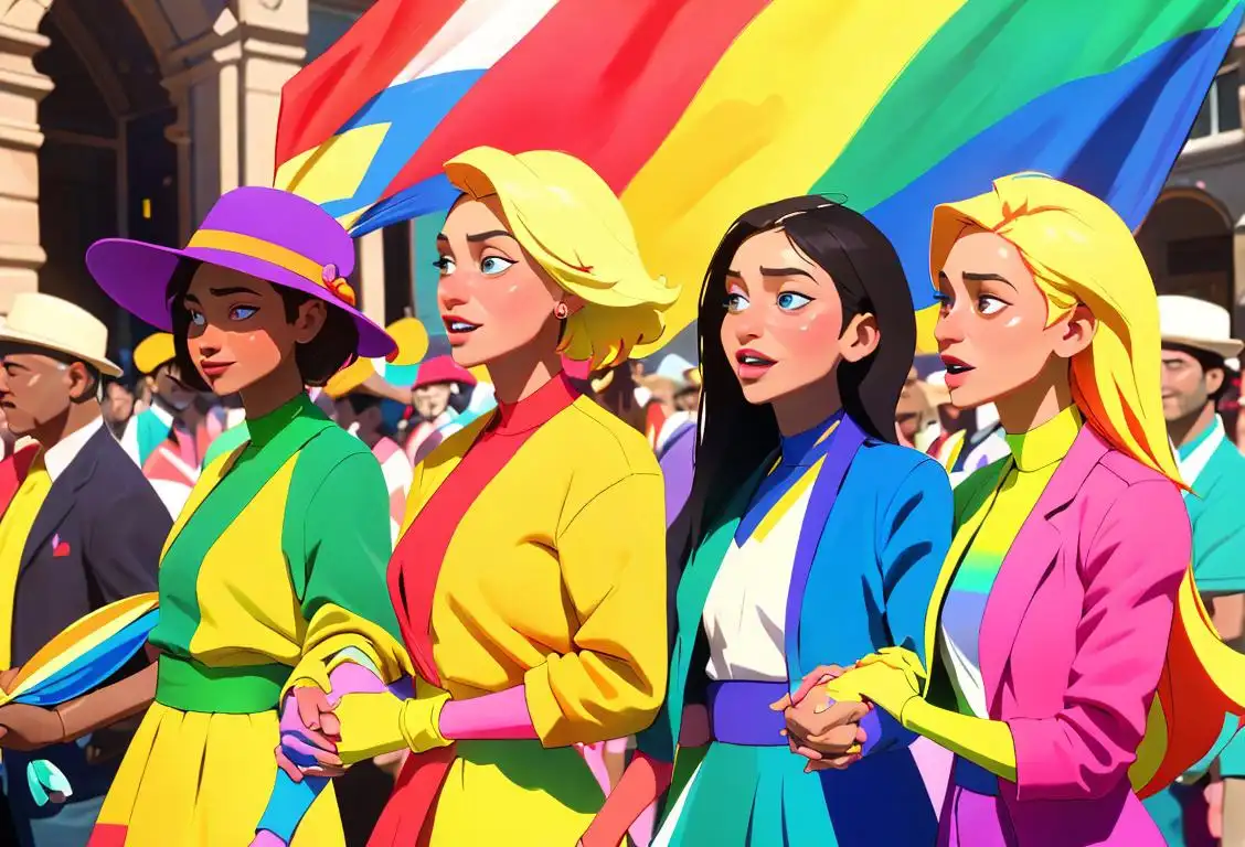 Colorful group of diverse individuals holding hands, wearing vibrant outfits, and celebrating with pride flags in a city parade..