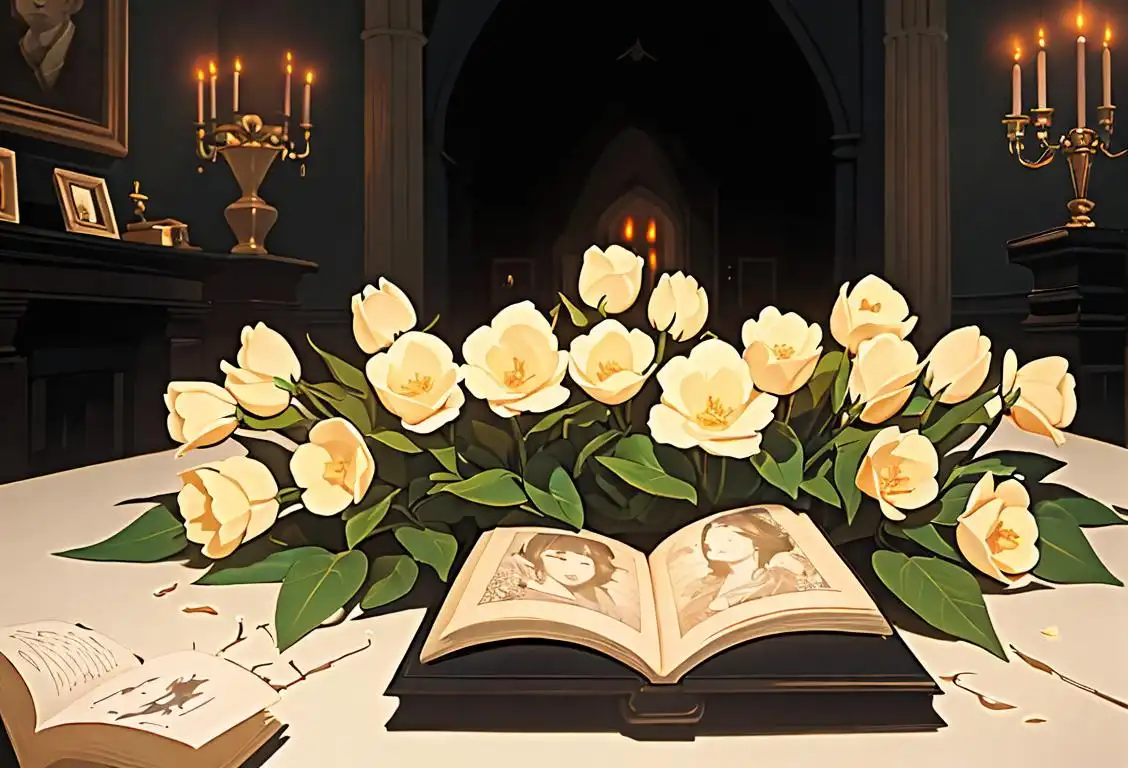 A candle lit in a dark room, surrounded by flowers and an open book of remembrance..