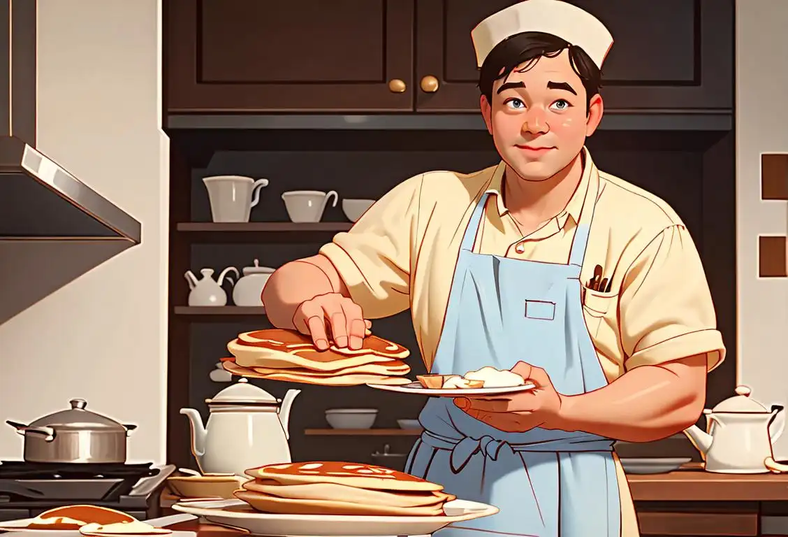 Friendly chef flipping pancakes in a cozy kitchen, wearing a chef hat and apron, with a classic breakfast scene in the background..