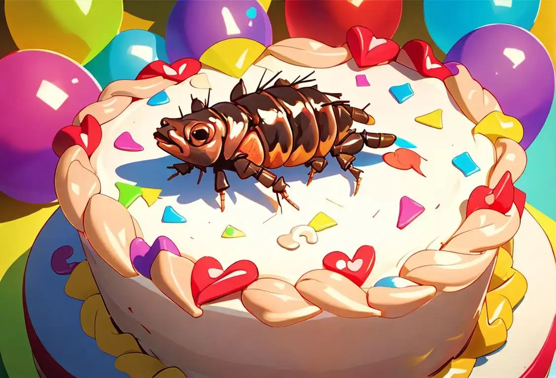 Close-up of a beautifully decorated cake shaped like a cheerful roach, surrounded by colorful confetti and party decorations..
