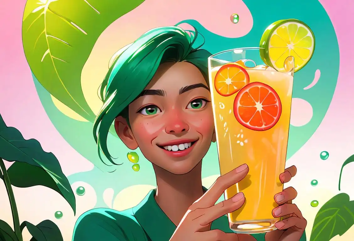 A cheerful person holding a glass of kombucha, surrounded by colorful bubbles and green plants, enjoying the refreshing taste of the tangy probiotic drink..