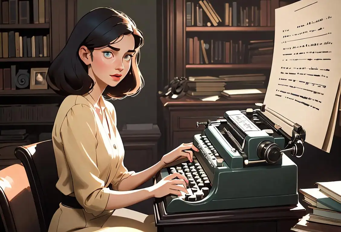 Young woman speaking eloquently in a beautiful library, wearing a stylish outfit, surrounded by books and a vintage typewriter..