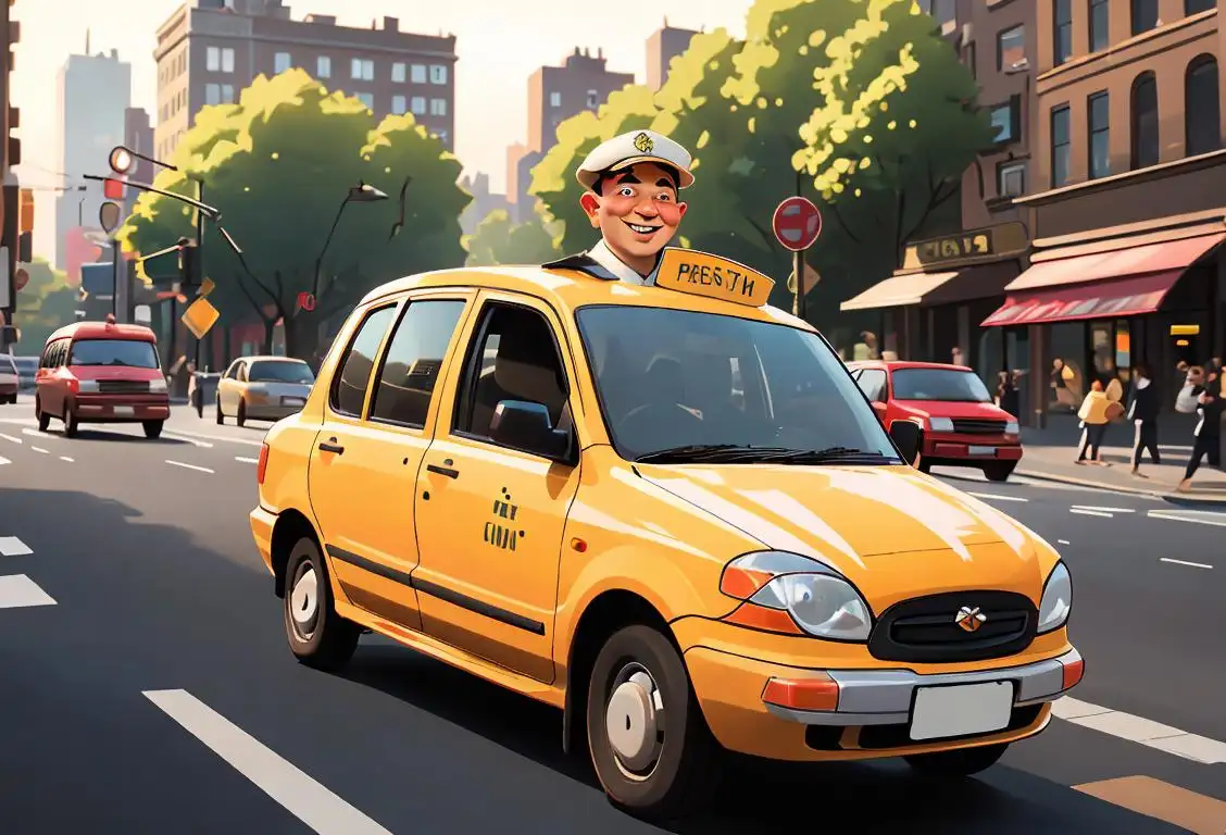 A friendly cabbie wearing a traditional cap, smiling while driving through a bustling urban cityscape..