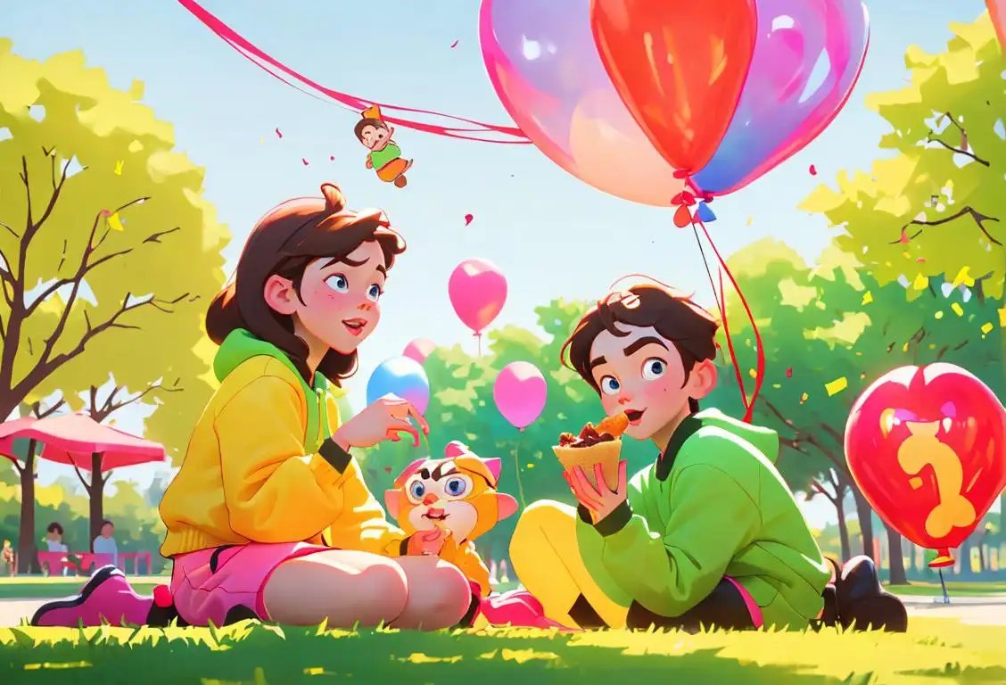 Joyful siblings playing in a colorful park, wearing matching outfits, surrounded by balloons and enjoying delicious snacks..