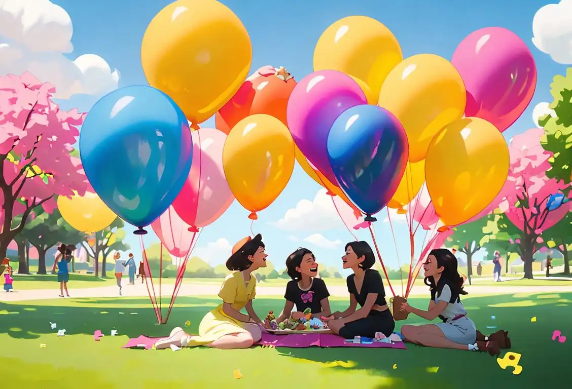 A diverse group of people named Ashley and Johnson coming together for a joyful picnic in a sunny park, dressed in colorful and trendy outfits, surrounded by symbols of laughter and mystery like balloons and puzzle pieces..