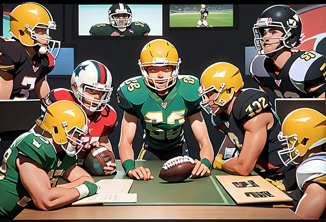 A diverse group of friends sitting around a table, wearing football jerseys, surrounded by fantasy football draft boards and computer screens..