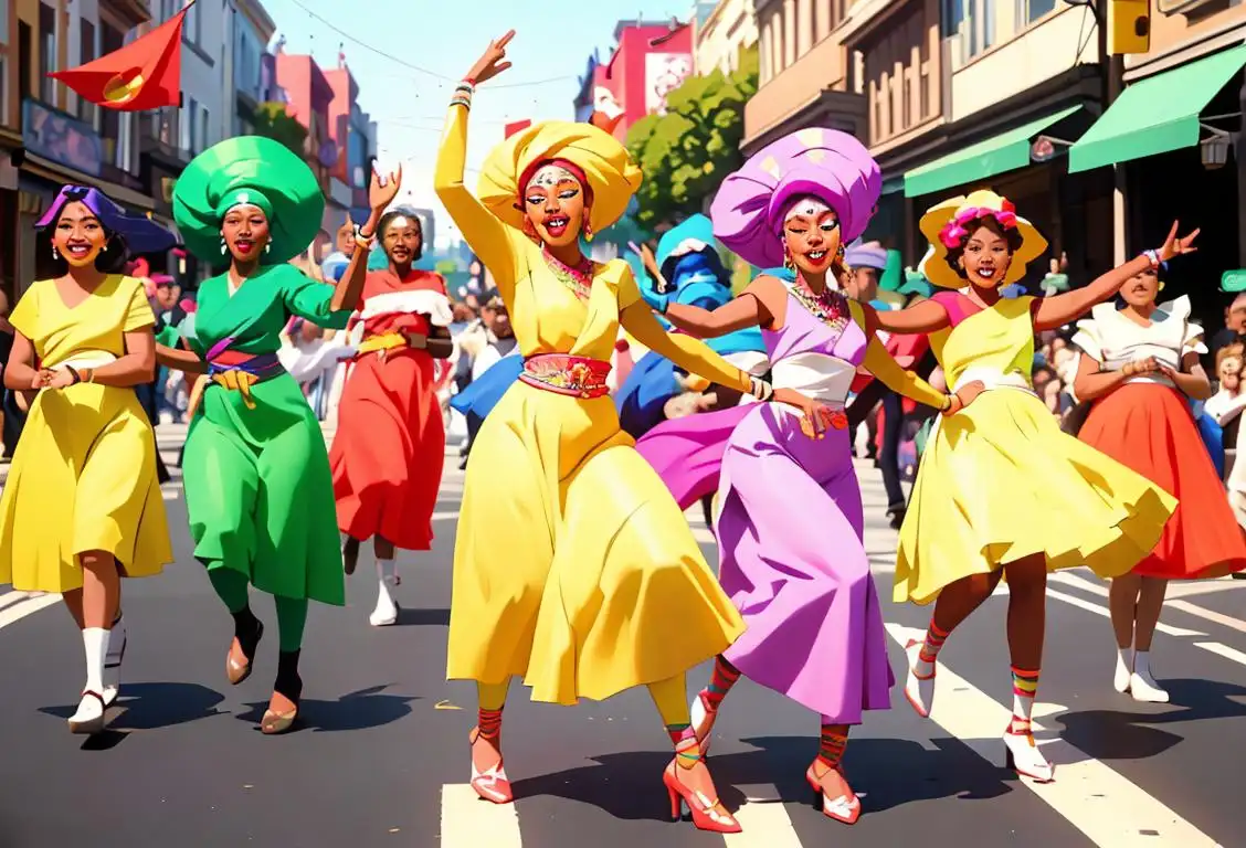 A group of diverse people wearing colorful costumes, dancing and celebrating National Ndidi Day in a lively parade through a bustling city street..