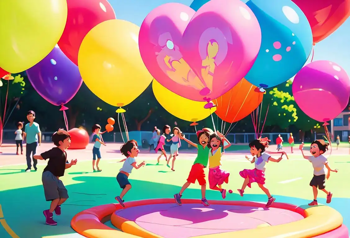 Group of children having a blast in a colorful playground, wearing vibrant clothes, surrounded by balloons and laughter..