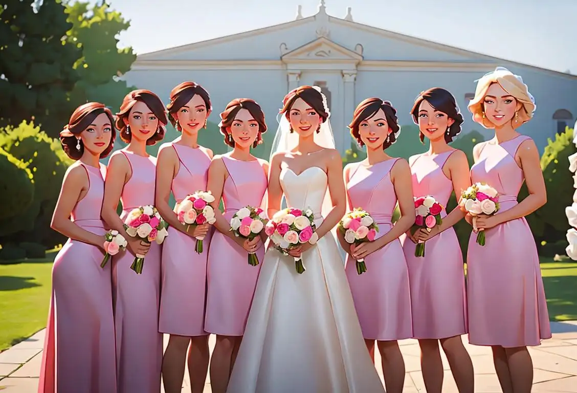 Group of bridesmaids in elegant dresses, holding bouquets and smiling, in a beautiful outdoor wedding venue..