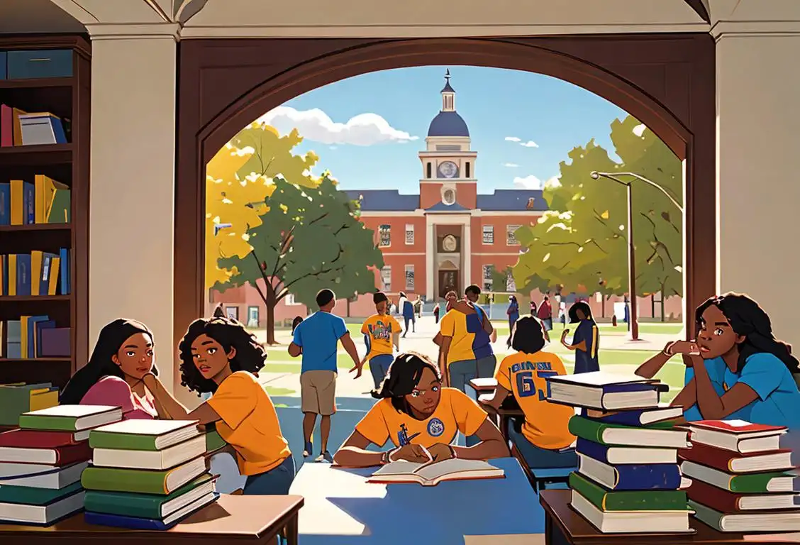 A diverse group of students wearing HBCU t-shirts, surrounded by books and campus landmarks..