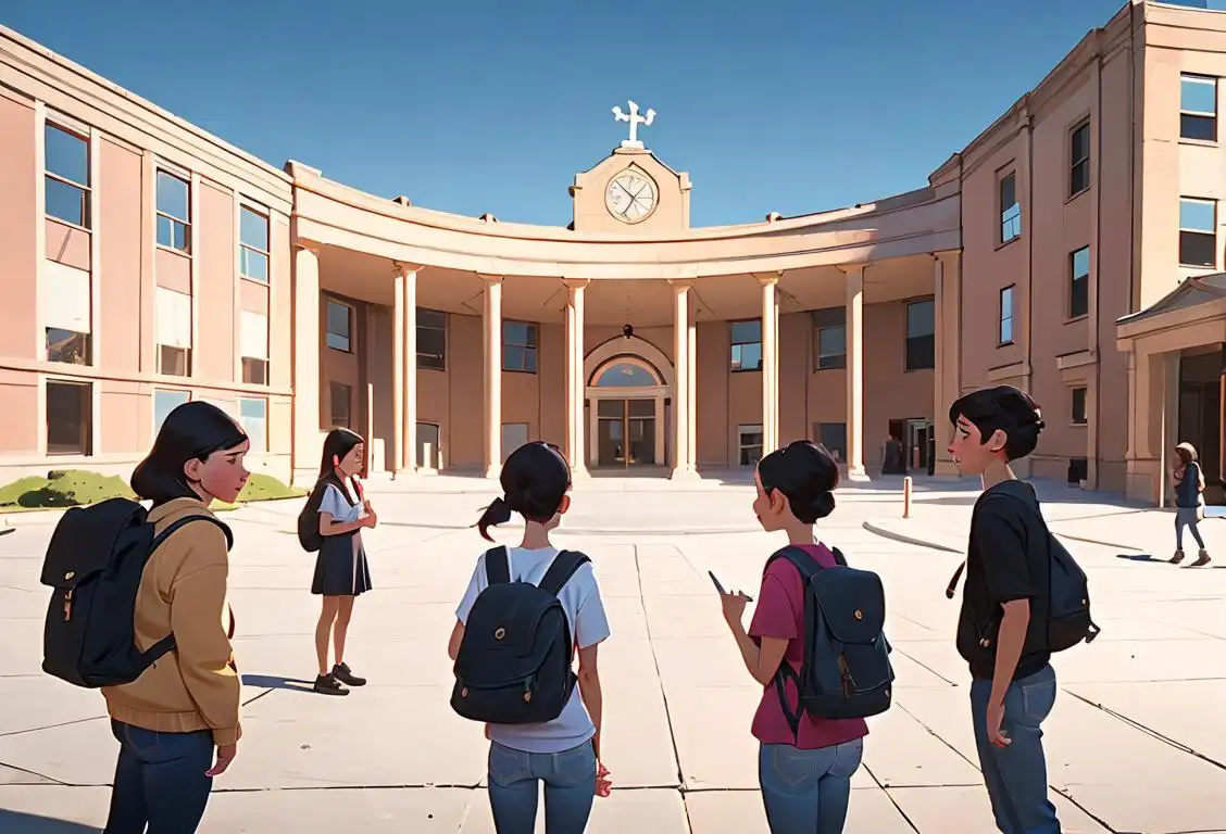 Young people with backpacks standing in a circle, wearing casual clothing, outdoors in front of a school..