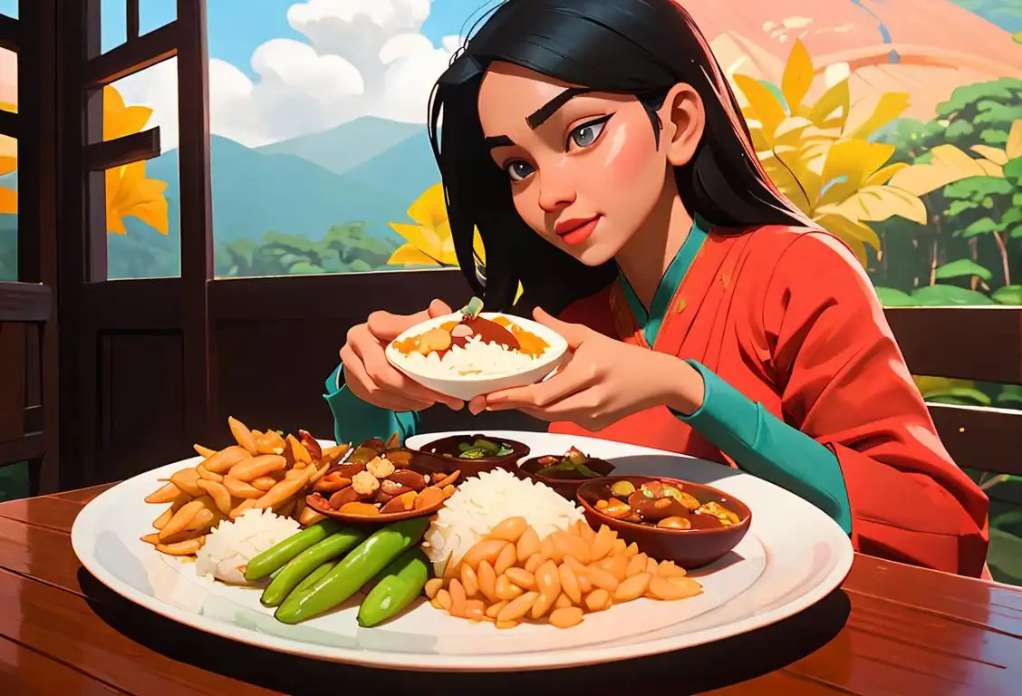 Young woman dressed in traditional Malaysian attire enjoying a delicious plate of nasi lemak, surrounded by vibrant decorations and a beautiful Malaysian landscape..