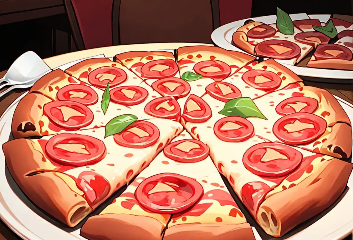 A table set with a freshly baked pepperoni pizza, surrounded by friends, high-fiving and laughing together..