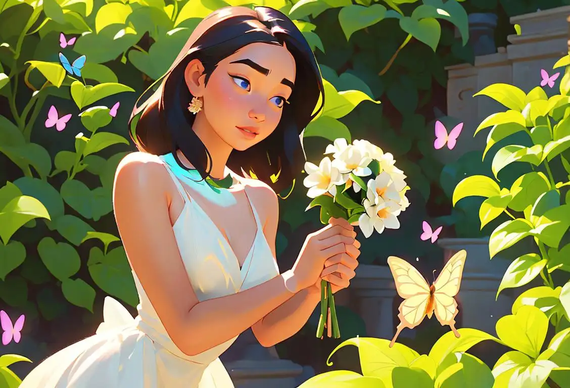 A young woman smelling a bouquet of jasmine flowers, dressed in a flowing summer dress, surrounded by a serene garden setting with butterflies fluttering around her..