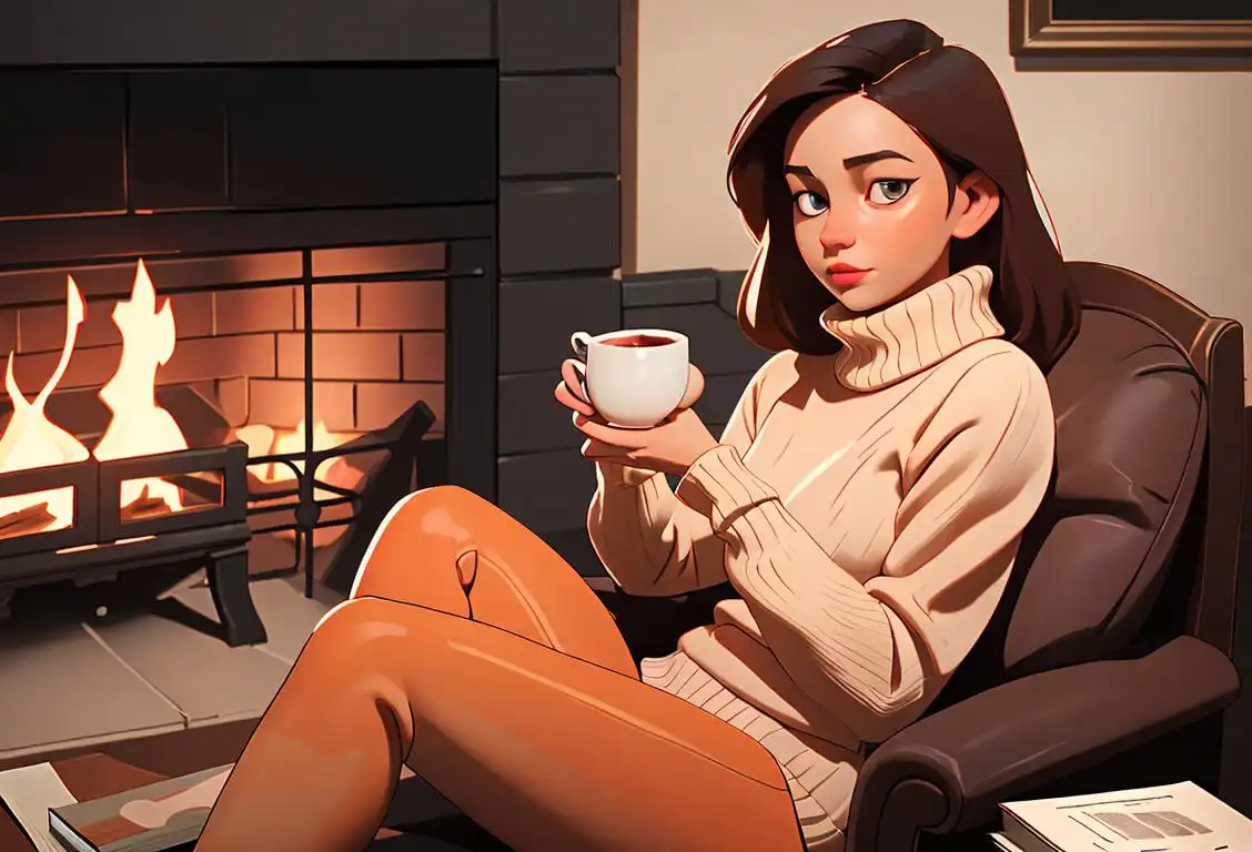 Young woman sitting by a cozy fireplace, wearing a fox-themed sweater, surrounded by books and a cup of hot cocoa..