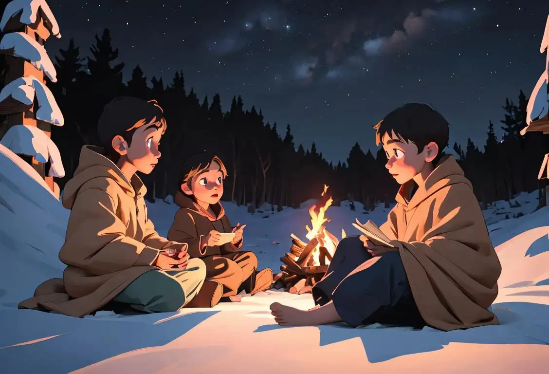 A group of children sitting around a campfire under a starry sky with wide eyes, wrapped in warm blankets, listening to a captivating storyteller..