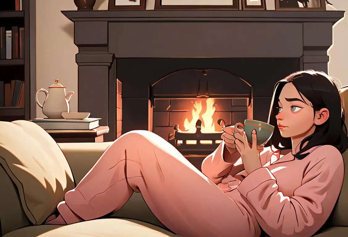 A cozy living room with a fireplace, where a person is snuggled up in pajamas with a hot cup of tea, surrounded by books and blankets..