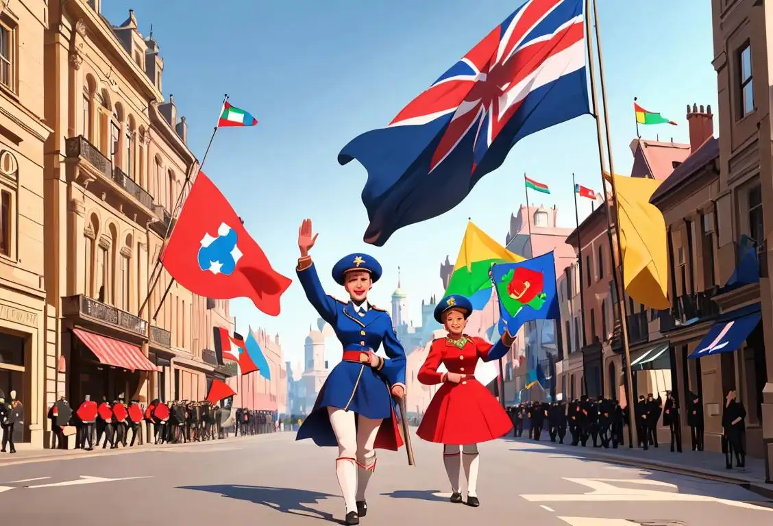 A group of diverse people, dressed in various stylish outfits, waving the national flag with enthusiasm in a bustling city street surrounded by historic buildings..