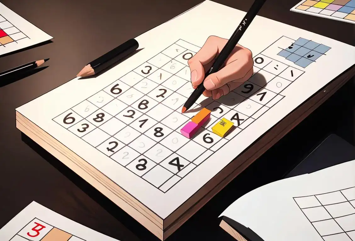 A person sitting at a table, focused and solving a Sudoku puzzle, surrounded by pencils and erasers..