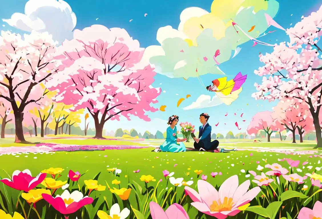 Young men and women in colorful spring attire, surrounded by blooming flowers and enjoying outdoor activities like picnics and kite flying..